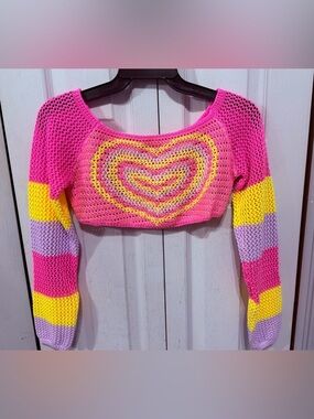 Crocheted Heart Crop Top in Bright Pink and Yellow